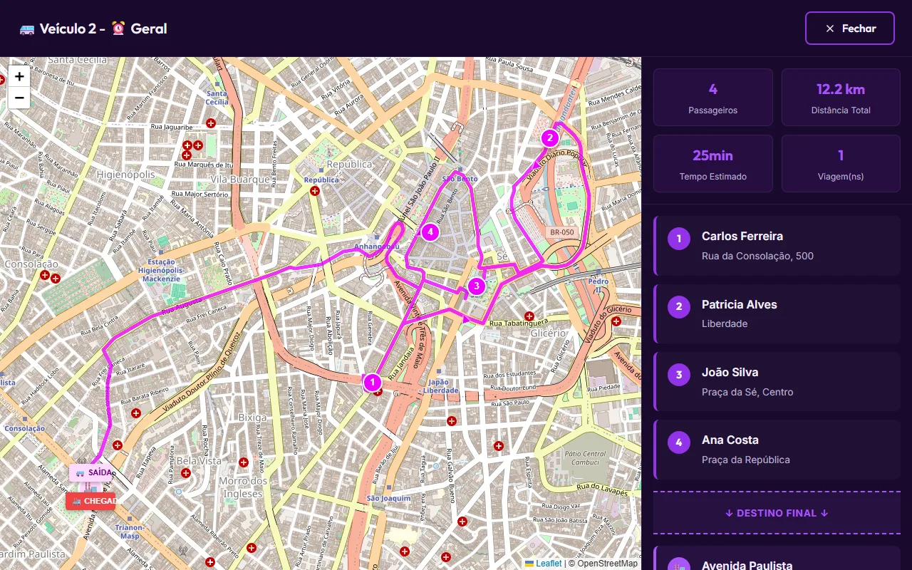 Modo motorista do Routlys com rota desenhada no mapa, paradas numeradas e lista de passageiros